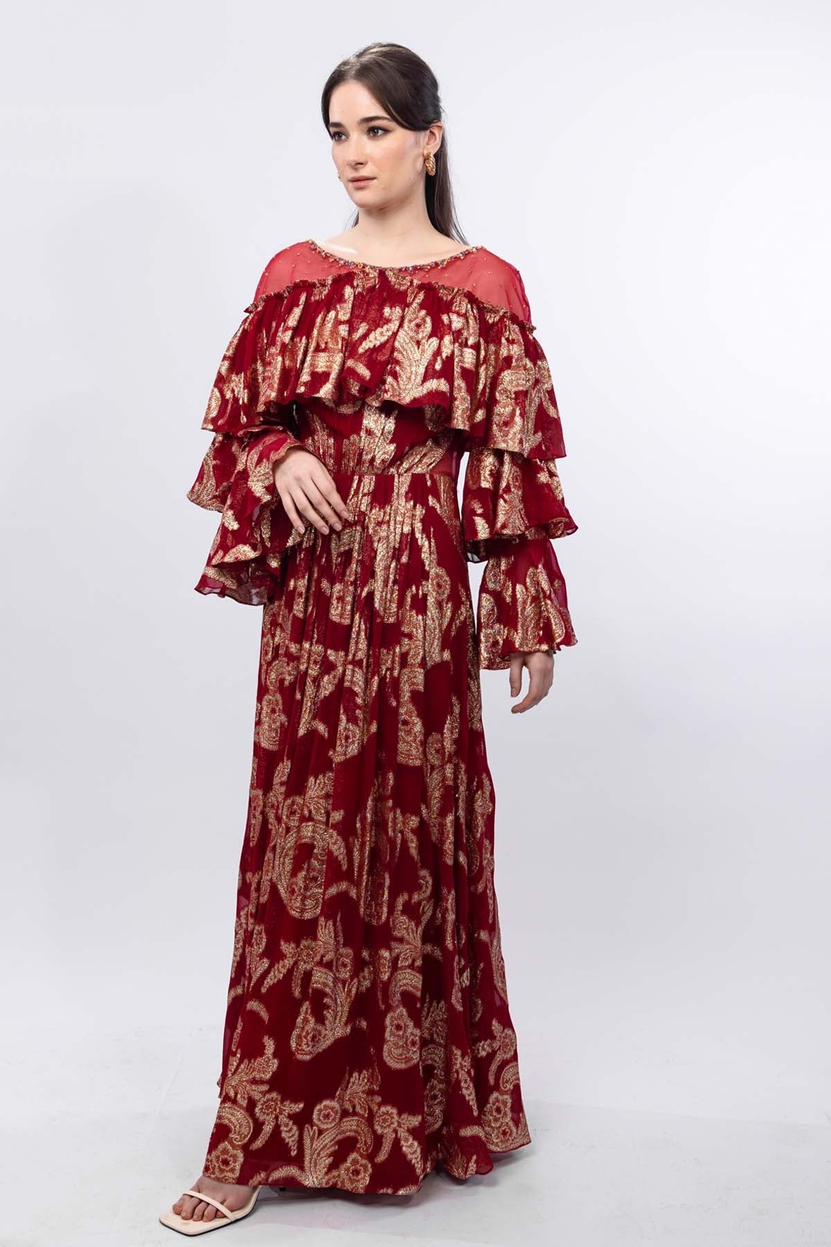 Buy Red Tiered Sleeve Gown by Mandira Wirk
